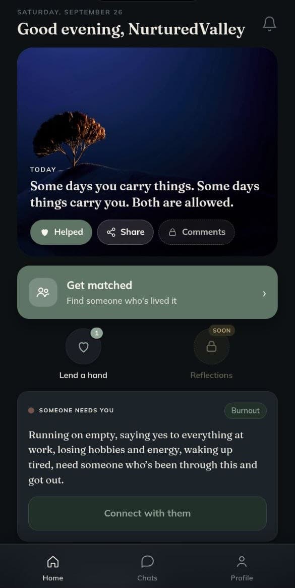 The GilRevv home screen: today's reflection, a button to get matched, and a request from someone looking for help.